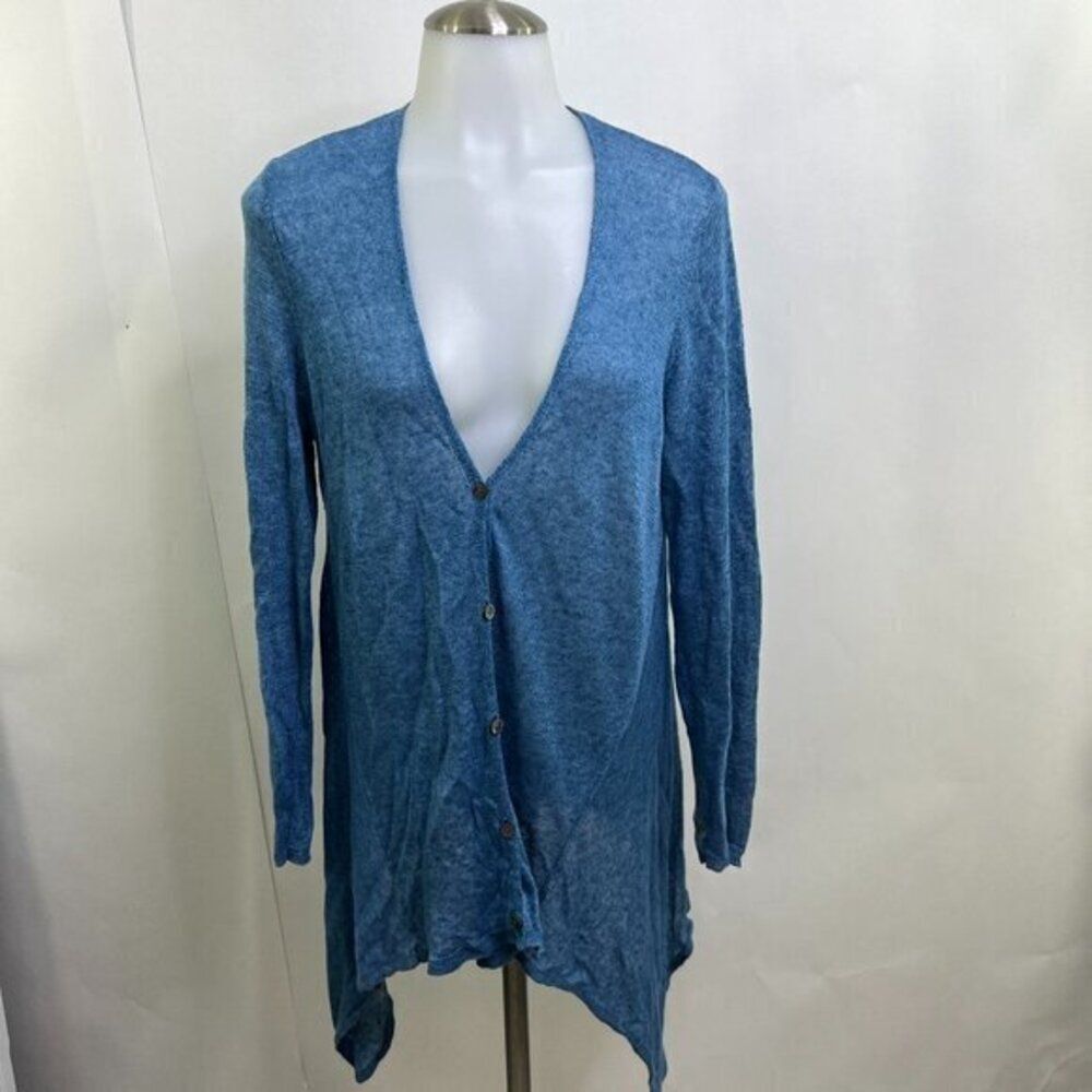 Eileen Fisher Cardiganโ PM Petite M Blue Button 100% Linen Handkerchief Hem